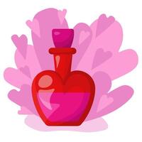 Love potion bottle, red curly flask with a cork and pink liquid on a background with pink hearts vector