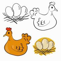 Laying hen and nest with eggs, farming theme illustration, outlined and colorized vector