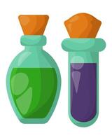 Set of test tubes and bottles with liquid, utensils for cosmetology and science vector