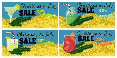 Set of horizontal flyers templates for Christmas in July sales, bright summer drinks and sprigs of pine needles on the beach vector