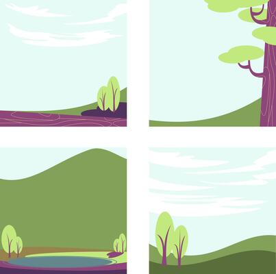 Plains or mauntain forest simple flat illustration background in green, blue, purple