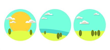 Simple round or circular pin up background of plains of grass with trees, sky, clouds and sun vector