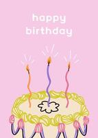 Happy birthday pink card with ruffle cake and curved candles. Cute and trendy illustration templates in simple style vector