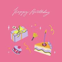 Happy birthday card with cake slice, candle, present and macaron. Greeting card with handwritten typograpthy. Vibrant and trendy illustration templates in simple style vector