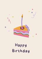 Happy birthday card with cake slice and candle. Greeting card with calligraphy. Elegant and trendy illustration templates in simple retro style vector