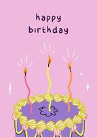 Happy birthday pink card with cake and curved candles. Vibrant greeting card with calligrapthy. Cute and trendy illustration templates in simple style vector