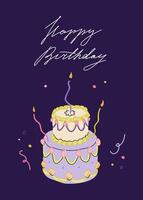 Happy birthday card with tiered cake and curved candles. Greeting card with handwritten typograpthy. Elegant and trendy illustration templates in simple style vector