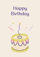 Happy birthday card with coquette cake and curved candle. Elegant and trendy illustration templates in simple retro style vector