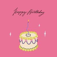 Happy birthday square card with cake and curved candle. Pink greeting card with handwritten typograpthy. Elegant and trendy illustration templates in simple style vector