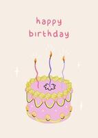Happy birthday card with pink cake and curved candles. Greeting card with calligrapthy. Elegant and trendy illustration templates in simple retro style vector