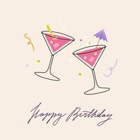 Happy birthday square card with martini glasses and confetti. Greeting card with handwritten typograpthy. Elegant and trendy illustration templates in simple retro style vector