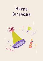 Happy birthday card with party hat, candle and birthday pipe. Greeting card with calligraphy. Elegant and trendy illustration templates in simple style vector