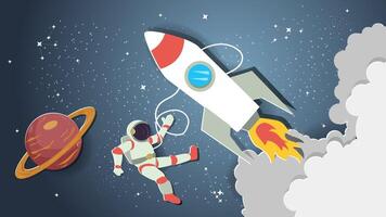 A flat illustration on the theme of space an astronaut in outer space against the background of a flying rocket vector