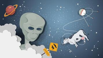 A flat illustration on the theme of space An alien is watching a cow in space vector