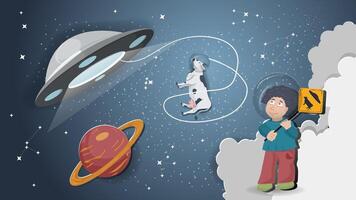 A flat illustration on the theme of space a boy in a green shirt watching a cow in space and a UFO vector