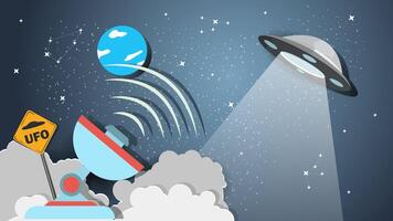 A flat illustration on the theme of space a radio telescope on a cloud observes UFOs in space vector