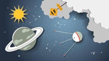 A flat illustration on the theme of space, a satellite flies in space against a planet with rings vector