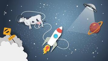A flat illustration on the theme of space a cow flies in outer space vector