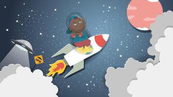 A flat illustration on the theme of space a boy flies on a rocket in outer space vector