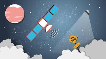 A flat illustration on the theme of space a space station flies in space against the background of the red planet vector