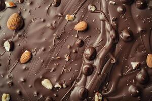 Various nuts scattered over melted chocolate. Texture of chocolate background photo