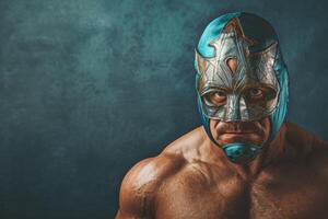 Determined masked wrestler with a focused expression photo