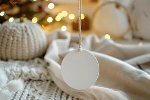 White blank round flat ceramic ornament tag with ribbon hanging in soft boho setup photo