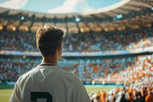 Soccer player standing on the field, preparing for a match in a large stadium photo