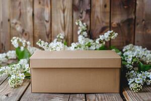 Plain cardboard box on a wooden table with white spring flowers photo
