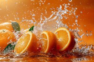 Juicy oranges splashing into water. Citrus fruits with water droplets photo