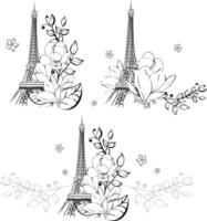 set border Eiffel Tower and flower. Magnolia springtime romantic in Paris for greeting card, print with hand drawn. France famous symbol. Black silhouette for circuit vector