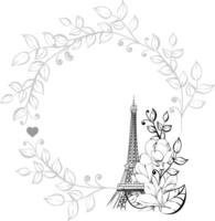circle frame, template of Eiffel Tower and flower. Magnolia springtime romantic in Paris for greeting card, print with hand drawn. France famous symbol. Black silhouette for circuit vector