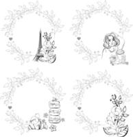 set circle frame, template of Eiffel Tower and flower, bakery. Magnolia springtime romantic in Paris for greeting card, print with hand drawn. France famous symbol. Black silhouette for circuit vector