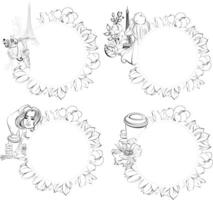 set flowers circle frame, template of Eiffel Tower, bakery. Magnolia springtime romantic in Paris for greeting card, print with hand drawn. France famous symbol. Black silhouette for circuit vector