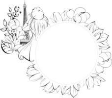 Paris circle frame, template with travel to France, Eiffel Tower, girl and magnolias. Black silhouette for circuit vector