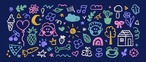 Hand drawn colorful set charcoal doodle shapes in childish style. Chalk kids drawings, simple decorative elements. Colorful collection of scribble, animal, flower, sun, cloud vector