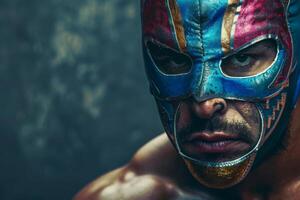 Determined masked wrestler with a focused expression photo