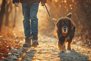 Man walking his happy dog on a leash along a park path photo