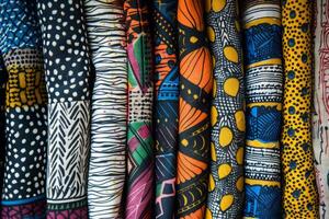 African fabrics with intricate patterns and bold colors. Traditional textile designs photo