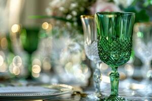 Elegant green crystal glassware set on a beautifully decorated table. Sophisticated luxurious dining atmosphere photo