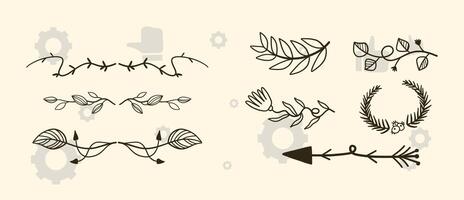 Hand drawn vintage floral borders, frames, dividers, corners with branches, flowers and leaves. Trendy greenery elements in line art style. corporate identity, wedding invitation vector