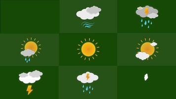 Set of weather pictograms forecast symbols, sun with lighting storm and clouds animation on green screen background video