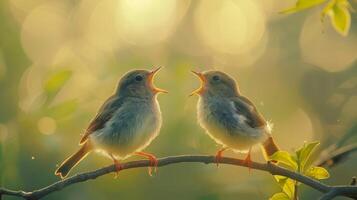 Two birds singing on a branch at sunrise, spring nature background. Concept of love, new life, and spring photo