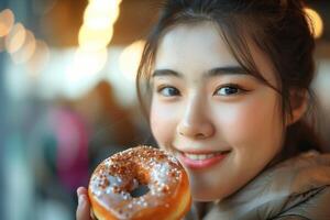 Smiling Asian woman enjoying a glazed donut, showcasing a sweet treat indulgence. photo