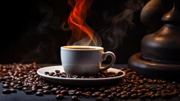humeante taza de café en un platillo con café frijoles dispersado alrededor, conjunto en contra un oscuro antecedentes. dramático Encendiendo enfatiza el aroma y calor. foto
