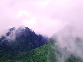 The mist flows through the mountain forest, Sun shining into tropical forest, Mist drifts through mountain ridges in the morning, slow floating fog blowing cover on the top of mountain photo