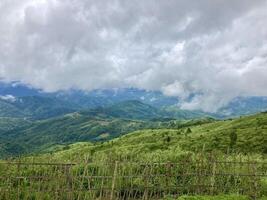The mist flows through the mountain forest, Sun shining into tropical forest, Mist drifts through mountain ridges in the morning, slow floating fog blowing cover on the top of mountain photo
