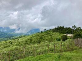 The mist flows through the mountain forest, Sun shining into tropical forest, Mist drifts through mountain ridges in the morning, slow floating fog blowing cover on the top of mountain photo