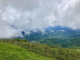 The mist flows through the mountain forest, Sun shining into tropical forest, Mist drifts through mountain ridges in the morning, slow floating fog blowing cover on the top of mountain photo