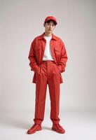 Confident Young Korean Man in Stylish Red Outfit. poses against a neutral background. photo